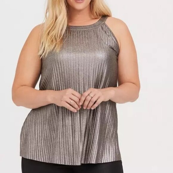 Torrid Size 2X High Neck Metallic Knit Bronze Gold Pleated Tank Casual Layering - Picture 1 of 9